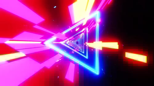 Dynamic neon triangle tunnel with geometric light speed travel