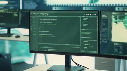 Dark Computer Room with Multiple Monitors Displaying Code