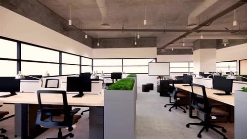 Espacio de oficina moderno con computadoras y jardineras verdes