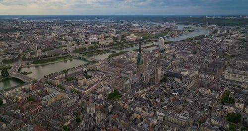 Establishing Shot of the City Panorama of Rouen at Sunset Aerial View of the Central Area of Rouen