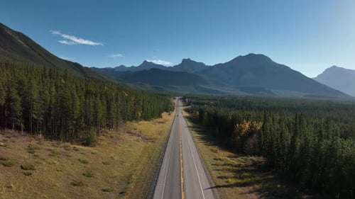 The road in the mountain valley. Traveling by car. Banff National Park, Canada