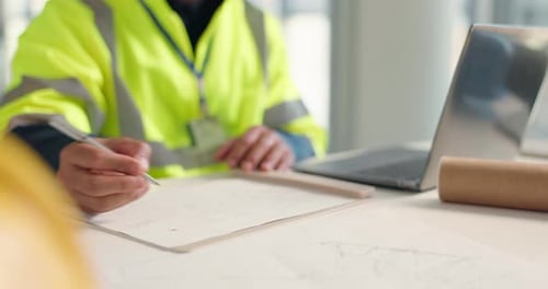Hands, person or architect drawing for floor plan, engineering planning or project inspection
