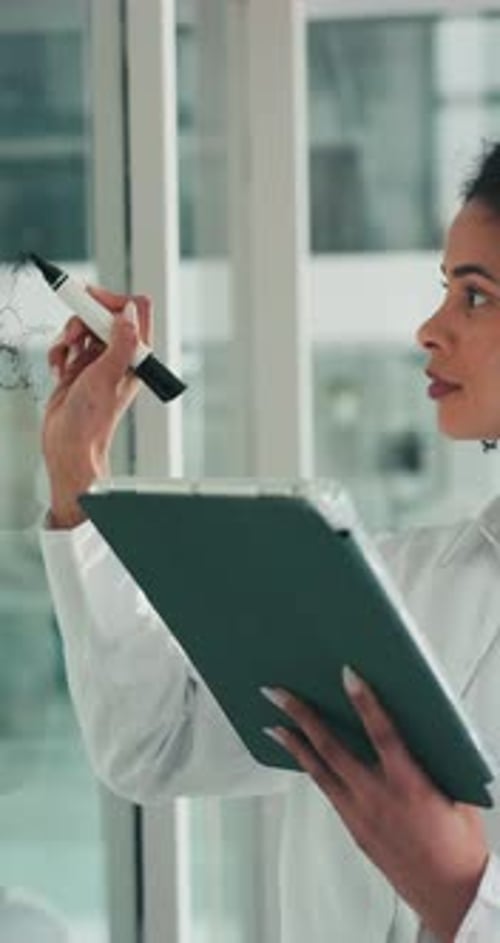 Tablet, glass board or woman writing for project strategy, marketing agency