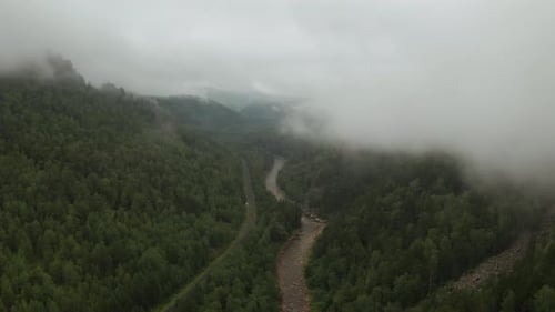 Aerial View of River and Forest Covered By Fog and Clouds