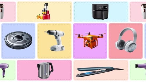 Movement of technological household appliances in stripes and square shapes.