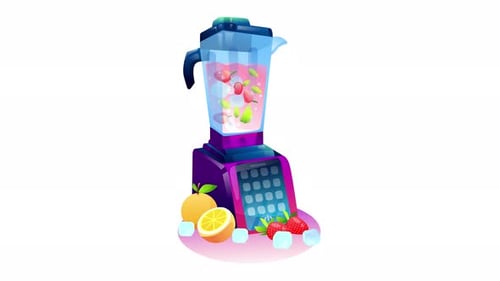 Animated Flat Design Blender with Fruits and Ice