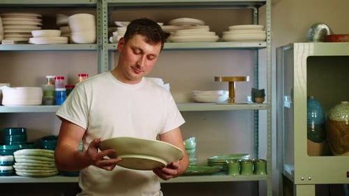Potter in the Workshop Makes Pottery