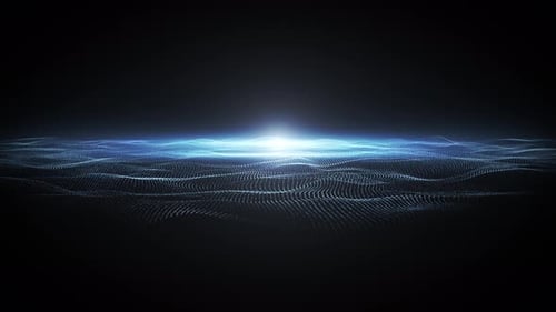 Une onde lumineuse abstraite provenant de particules et de points se déplace sur un fond bleu, visualisation de données volumineuses