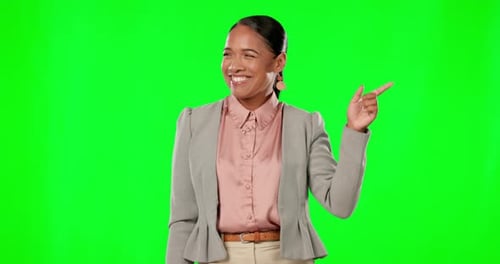 Business woman on green screen, pointing and advertisement with product placement