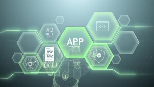 Futuristic App Development Interface with Wireframe Hand Animation