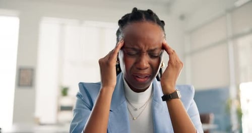 Frustrated, black woman or headache with stress for deadline, mistake or fatigue in office