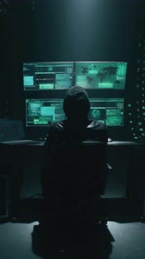 Hooded Person at Computer Monitors in Dark Room