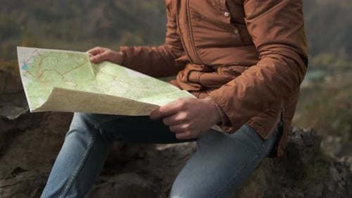 Hiker Tourist Traveler Man with Map Mountain Camping Camp Tent Traveling Hiking Landscape Nature