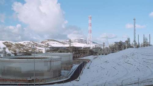Oil extraction center on the top of the mountain in winter time.