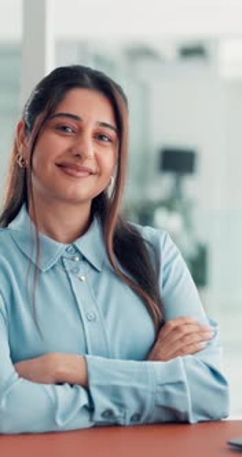 Face, human resources or woman with arms crossed in office, pride or about us for corporate career