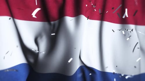 Netherlands Flag Waving with Silver Confetti
