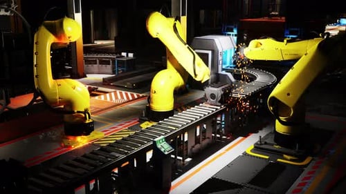 Automatisiertes Förderband mit Roboterarmen zur Bearbeitung von Gegenständen in einer Fabrik