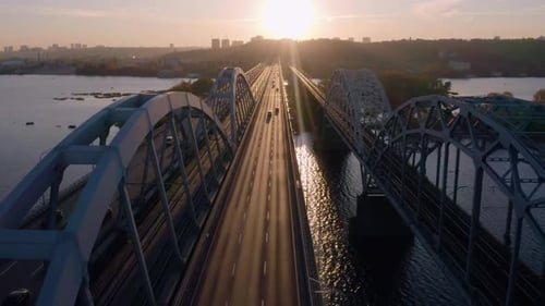 Aerial Top View Car Traffic on the Bridge in the Evening
