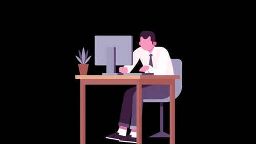Businessman Is Sitting At The Desk And Working On The Laptop On Alpha Channel