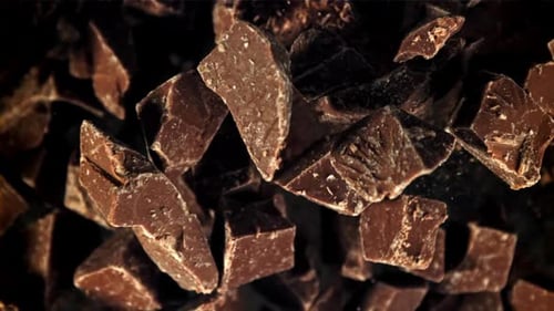Falling Chunks of Dark Chocolate Close Up