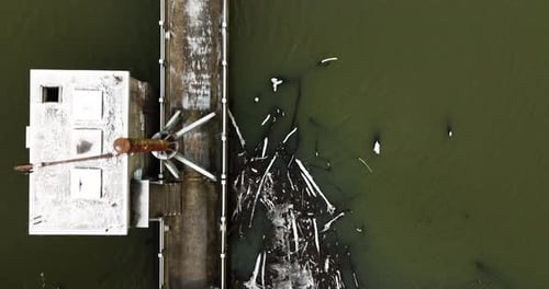 Top view of old abandoned bridge in Lake Sequoyah, Arkansas, aerial shot