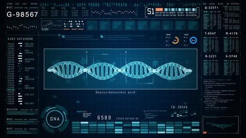 Futuristic Digital Interface with DNA Analysis and HUD Elements