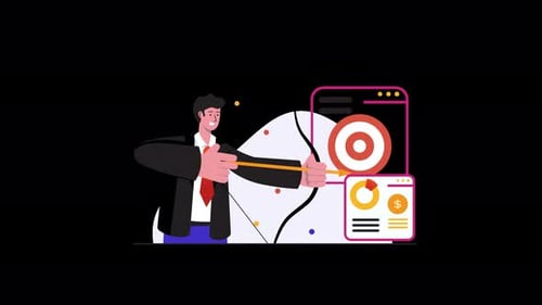 European businessman aiming at a target with a bow and arrow