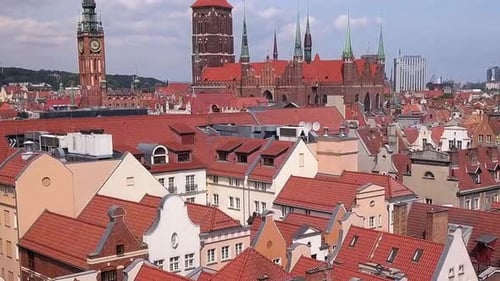 Gdansk Old Town Drone Footage. Rise shot. Bazylika Mariacka and the surrounding buildings. Gdansk Ci