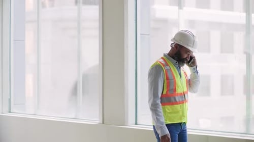 Construction Worker Using Phone by Bright Modern Window