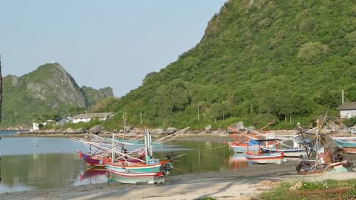 Fisherman Boat Floating On The Sea At Khao Lom Muak, Prachuapkirikhan Province, Thailand