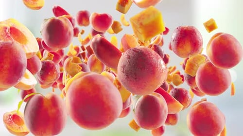 Dynamic Falling Peaches and Slices with Water Drops