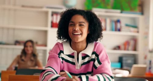 High school, question and students in classroom with hands up for learning, education and knowledge