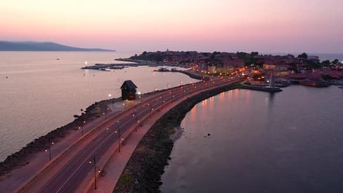Aerial view to old town of Nessebar at sunrise