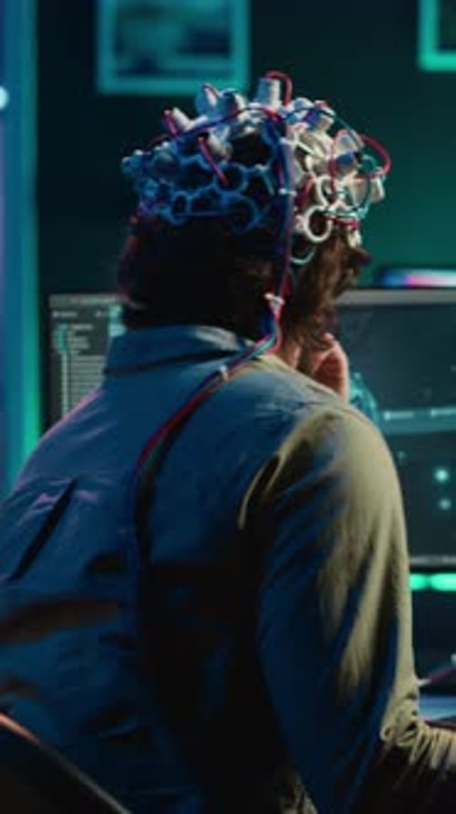 Un transhumanista de vídeo vertical utiliza la tecnología neurocientífica para trascender la transferencia de la mente