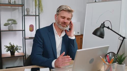 Businessman Working on Laptop Wearing Headset Call Center Support Service Operator Office Helpline