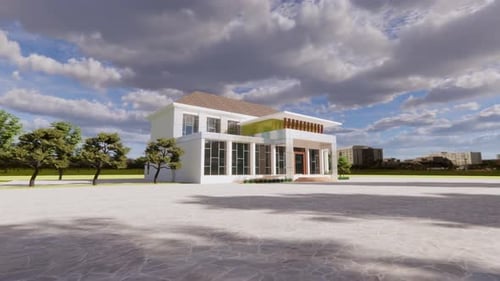 Edificio moderno con muchas ventanas bajo un cielo nublado.