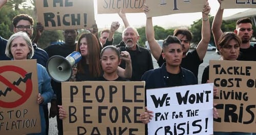 Group of diverse people protest against inflation and financial crisis - Multiracial protesters