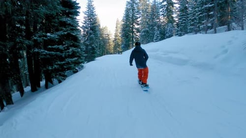 Slow Motion shot of a snowboarder riding down a trail in Lake Tahoe