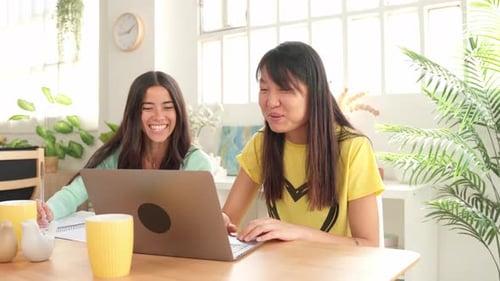 Two Young Women Study Together With Laptop