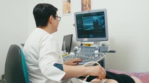 A Female Doctor Conducts a Detailed Diagnosis of the Patient's Abdominal Cavity