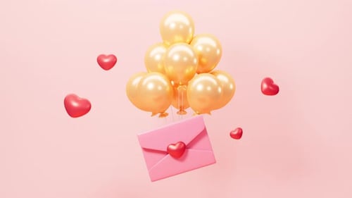 3D Animated Love Letter with Floating Hearts and Balloons