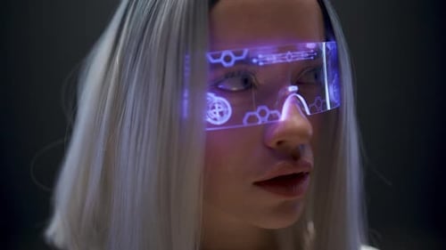 Woman Wearing Futuristic Glowing AR Glasses