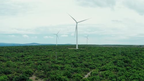 Aerial view of wind power, windmill, energy production, eco-energy in a beautiful nature.