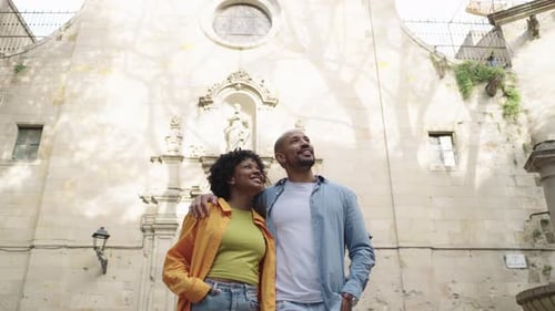Tourists Visiting Barcelona Admiring Church Architecture