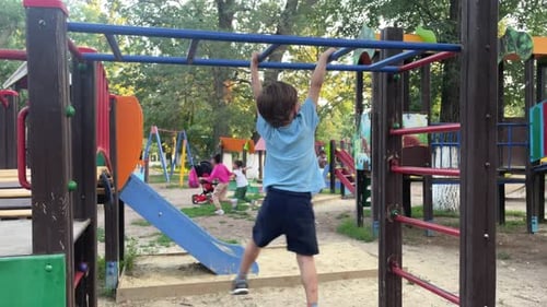 Child Playing Climbing Outdoor Playground Happy Preschool Little Kid Having Funny While Playing