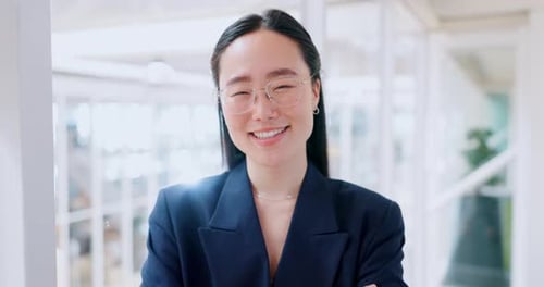 Happy, smile and face of business woman in office for management, leadership and vision