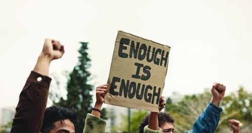Fists, protest and students with sign, university or demand for change, group