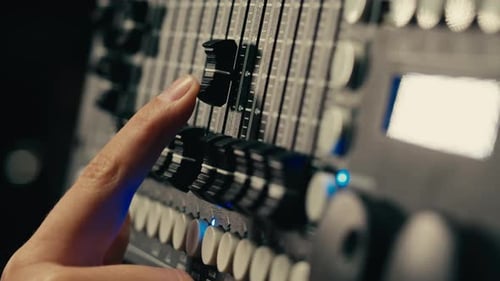 Soundboard Pads Station Closeup Sound Designer Use Digital Audio Mixer in Production Studio Sound