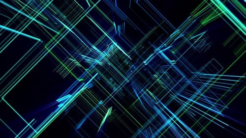 Flug durch den abstrakten Raum futuristischer 3D-Muster aus digitalen Linien