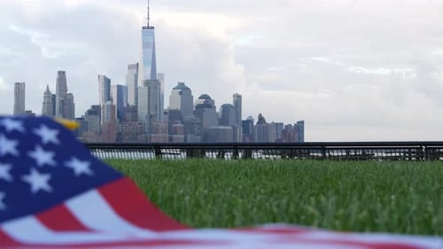 American Flag in Front of New York City Skyline